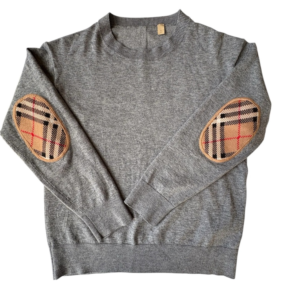 Burberry Wool Sweater with Check Elbow Patches in Grey Melange Bempton Small
